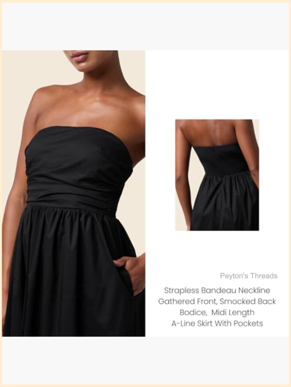 Strapless Midi Dress with Pockets Smocked Back A-Line Skirt Hidden Zipper - Picture 3 of 7
